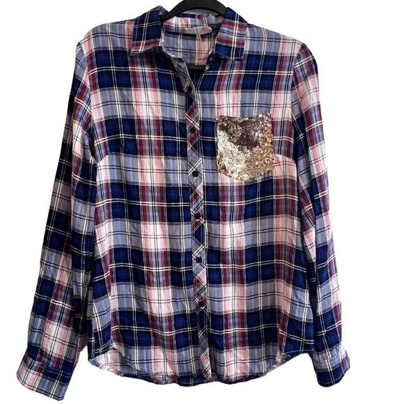ETWO Sequin Plaid Button Up Long Sleeve Shirt Blue Red Multi Size Large - Picture 1 of 10
